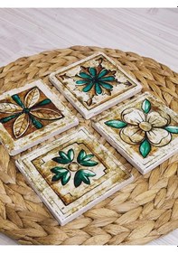 Resim Baskılı Doğal Taş Bardak Altlığı 4'lü Set 10x10x1 Cm Hint Desenli Çok Renkli 