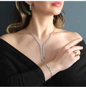 Resim Damla Başak Modeli Yeşil Zirkon Taşlı Sarkıt Gümüş Set Gümüş 
