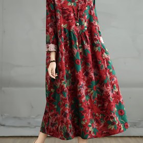 Resim Kadınlar için Yeni Vintage Baskılı Uzun Kollu Yuvarlak Yaka Elbise, Bol ve Eğlenceli A-Şeritli Lounge Pijama. 