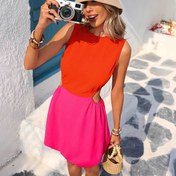 Resim Kadınların Renk Bloğu Mini Elbisesi - Kesikli Bel, Kolsuz, A-Şekilli Silüet, Turuncu ve Pembe, Yaz, Plaj, Tatil, Sevgililer Günü, Bohem Stili, Tatlı, Tropikal Tatil, Karnaval için Mükemmel 