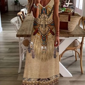Resim Kadın Bohemiyen Desenli Kolsuz Maksı Elbise - Güneşli Kabile Tasarımı, Tüyler, Boncuklar ve Geometrik Desenler, Hafif Polyester, Bahar/Yaz/Sonbahar, Rahat Tatil Stili, Bohemiyen Elbise 