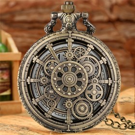 Resim Vintage Hollow Gear Tasarımlı Dünya Saati Özellikli Quartz Cep Saati, Alaşımlı Kasa, Yuvarlak Elektronik Mekanizma, Su Geçirmez Olmayan Kolye Uçlu İşaretçi Ekranlı Saat 