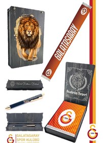 Resim Galatasaray Lisanslı Çift Yön Baskılı Şal Kaşkol Atkı Ve Hybrit Tükenmez Kalem Set Aslan Baskılı Ahşap Kutulu Sarı - Kırmızı 