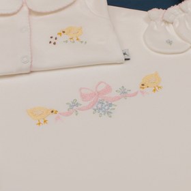 Resim Little Chick Organik Yenidoğan Seti - Kroşeta Kenar Detaylı Pembe - 4 Parça Set / Biyeli Battaniye & Knot Şapka 