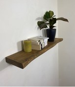 Resim 90 Cm Ahşap Duvar Rafı, Kütük Duvar Rafı, Masif Raf Koyu Meşe 
