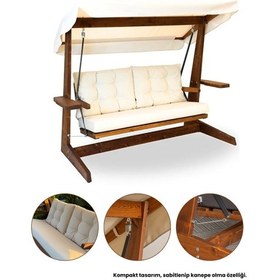 Resim Viva 2200 3 Kişilik Ahşap Bahçe Salıncağı, Balkon ve Teras Salıncağı, Dış Mekan Salıncağı/Krem 