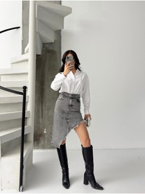 Resim KENE JEANS KADIN ETEK PÜSKÜLLÜ ASİMETRİK KOT ETEK 