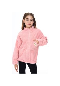 Resim Toontoy Kız Çocuk Dik Yaka Fermuarlı Cepli Düşük Omuz Nakış Baskılı Peluş Hırka Pudra 