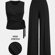 Resim Şık Kadın Kolsuz Kabartmalı Üst ve Papyonlu Geniş Paça Pantolon Takımı - Esnek Polyester Karışımı, Makinede Yıkanabilir - İlkbahar/Yaz İçin Mükemmel 