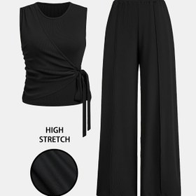 Resim Şık Kadın Kolsuz Kabartmalı Üst ve Papyonlu Geniş Paça Pantolon Takımı - Esnek Polyester Karışımı, Makinede Yıkanabilir - İlkbahar/Yaz İçin Mükemmel 