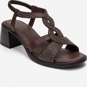 Resim Luvishoes Dolen Kahverengi Hakiki Deri Kadın Taşlı Kalın Topuk Sandalet 