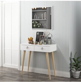 Resim DEKOROSSO Beyaz Arden Ahşap Ayaklı Aynalı Modern Dekoratif Dresuar 