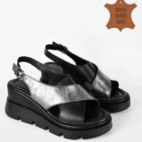 Resim Kadın Hakiki Deri Simli Çapraz Bantlı Dolgu Topuklu Günlük Sandalet - Siyah Siyah 