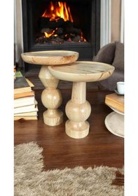 Resim Doğal Masif Ahşap Yan Sehpa Seti 2 Li Naturel Renk Zigon Ve Fiskos Modeli - Wooden Coffee Table Naturel 