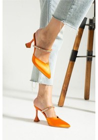 Resim Turuncu Saten Taş Detaylı Topuklu Ayakkabı Turuncu 