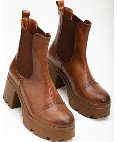 Resim Topuklu Bot Kadın Platform Taba Parçalı Elastik Kalın Taban-3213 Taba 