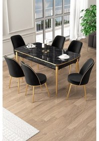Resim Canisa Pale Serisi 80x132 Açılabilir Siyah Mermer Desen Mutfak Masa Takımı 6 Siyah Sandalye Gold Detay Masa Siyah Mermer Desen Sandalye Siyah Gold Ayak 