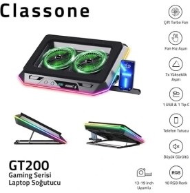 Resim Gaming GT200 Laptop Soğutucu Notebook Stand, 3000 Rpm,10 Rgb Işık Kontrolü, 15.6-17 Inch, Hız Kontrolü, 2 Büyük Fan,telefon Standı, 1 Type-C Usb,1 USB 
