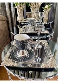 Resim Atabey Home Collection 6'lı Kahve & Çay & Sunum Tepsisi Metal Döküm Kare Gümüş Gül Model 