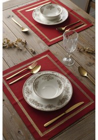 Resim Rivaistanbul Kırmızı Gold Çerçeve Nakışlı 2' Li Amerikan Servis Seti Kırmızı 