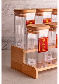 Resim Snippy Lunver - 8'li Ahşap Standlı Vakumlu Etiketli Akrilik Saklama Kabı Baharatlık Seti 350 Ml Ahşap 