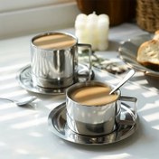 Resim 1 ADET 304 Paslanmaz Çelik Çift Duvarlı İzole Kahve Kupası Seti Kaşık ve Bardak Altlığı ile Ev, Kafe, Restoran için - 200ml/280ml Yaratıcı Termal Süt Kupası Takımı 