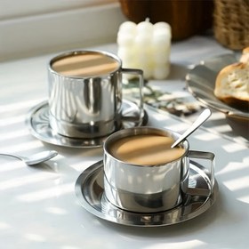 Resim 1 ADET 304 Paslanmaz Çelik Çift Duvarlı İzole Kahve Kupası Seti Kaşık ve Bardak Altlığı ile Ev, Kafe, Restoran için - 200ml/280ml Yaratıcı Termal Süt Kupası Takımı 