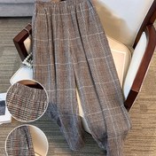 Resim Kadınlar için Şık Ekstra Uzun Ekose Desenli Bol Düz Paça Pantolon Elastik Bel Bantlı - Kahverengi ve Bej Köpekdişi Deseni, Rahat Sonbahar/Kış Günlük Giyim, Makinede Yıkanabilir 