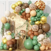 Resim 102 Parça/Set Adaçayı Yeşil Kahverengi Balon Kemeri Kiti, Safari Orman Doğa Temalı Doğum Günü Düğün Duş Partisi Süslemeleri için Yeşil Altın Kum Beyaz Balonlar ile 