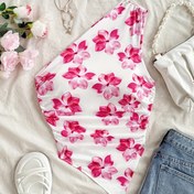 Resim Kadınların şık tek omuzlu çiçek desenli tank topu - Pembe ve beyaz asimetrik tasarım, bahar/yaz, plaj, randevu ve resmi etkinlikler için mükemmel, plaj giyimi | Çiçek desenli üst | Asimetrik tasarım 