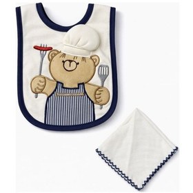 Resim Bebek Aşçı Ayıcık Desenli Mama Önlüğü ve Ağız Mendili Seti Lacivert 
