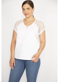 Resim Kadın Beyaz Büyük Beden Pamuklu Kumaş Ön Pat Fermuarlı Kolları Dantel Bluz-beyaz Beyaz 