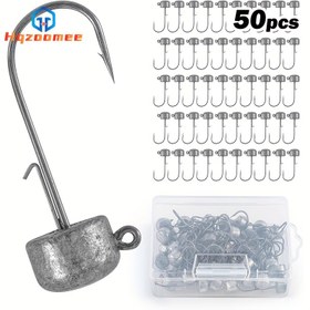 Resim HQZOOMEE 50 adet Kurşun Balıkçılık Jig Başlıkları Kanca Seti, Ned Rig Swimbait Jigging Kançaları Anti-Shed Barb ile, Keskin Kan Derinlik Kanca, Tuzlu Su Tatlısu Örgü Balıkçılığı için Dik Kanca Tasarımı, Tackle Kutusu Dahil 