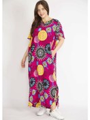 Resim Kadın Fujya Büyük Beden Dokuma Viskon Kumaş Yaka Ve Yırtmacı Bağcık Detaylı Uzun Elbise-yeşil Yeşil 