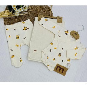 Resim Minisse Baskılı Çıtçıtlı Badi, Alt Ve Müslin Battaniyeli Yenidoğan Bebek 3lü Set Limon 