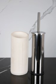 Resim 2 Parça Dekoratif Beton Tuvalet Fırçası Metal Wc Fırçalığı Bej - Beyaz 