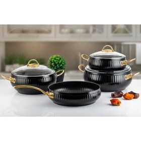 Resim Lines 7 Parça Altın Metal Kulplu Tam Siyah Granit Güveç Tencere Seti 