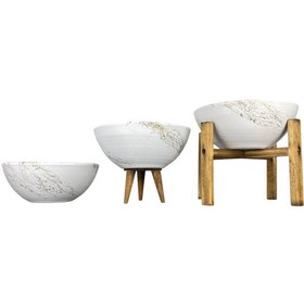 Resim Bitki Tasarımı Ev Dekorasyon Beyaz Üzeri Gold Mermer Efektli Aranjman Sunumluk Toprak Saksı Üçlü Set 20 Cm Çap 