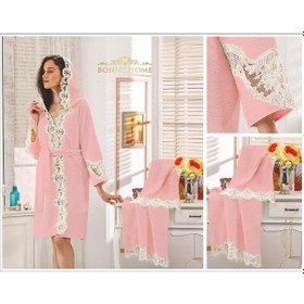 Resim Rose Pudra Bayan Fransız Dantelli Balayı Çeyizlik Bornoz Seti Pudra 