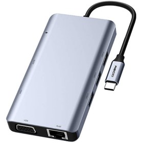 Resim Recci RH09 Type-C to Type-C + SD/TF + USB3.0 + USB2.0 + HDMI + VGA + RJ45 Bağlantılı 9in1 Hub - Gri 