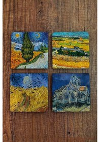 Resim Doğal Taş Bardak Altlığı Vinced Van Gogh Eserleri Baskılı Baskılı 4'lü Set 10x10x1cm Çok Renkli 