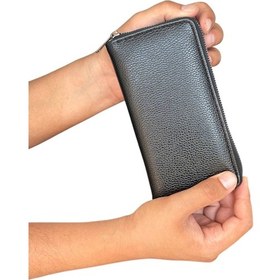 Resim Premium Serisi Lüks Deri Dikey Fermuarlı Telefon Bölmeli Cüzdan Kemer Kartlık Ve Saat Erkek Seti Siyah 
