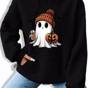 Resim Kadınlar için Cadılar Bayramı Hayalet ve Kabak Baskılı Kapüşonlu, Kanguru Cebi ile Rahat Örgü Polyester Sweatshirt, Sonbahar/Kış için Uzun Kollu Bağcıklı Kapüşonlu Üst 