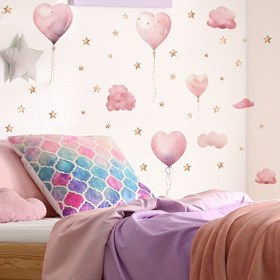 Resim Capricious Pink Heart & Star Balloon Vinyl Wall Stickers - Kendinden Yapışkanlı, Yatak Odası, Oturma Odası, Yurt için Sulu Boya Dekoru | Bulut Vurgulu Rahat & Oyunbaz Tasarım 