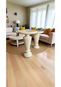 Resim Ahşap Mantar Sehpa 2 Li Set Krem Renk Modern Yan Sehpa Takımı - Zigon Sehpa Takımı Krem 