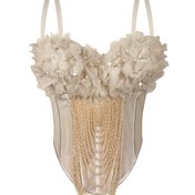 Resim Kadınlar İçin Şık İnci Detaylı Kemikli Korse Üst, Boncuklu Zincir Askılı ve Fırfırlı Çiçekli Göğüs - Dantel Benzeri Şeffaf Panel Kolsuz Bluz - Düğün Misafiri, Balo Elbisesi, Tarihi Kostüm (Elde Yıkanabilir) - Tel İçi Gerektirmez 