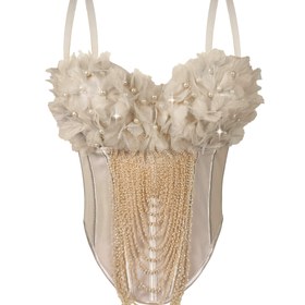 Resim Kadınlar İçin Şık İnci Detaylı Kemikli Korse Üst, Boncuklu Zincir Askılı ve Fırfırlı Çiçekli Göğüs - Dantel Benzeri Şeffaf Panel Kolsuz Bluz - Düğün Misafiri, Balo Elbisesi, Tarihi Kostüm (Elde Yıkanabilir) - Tel İçi Gerektirmez 