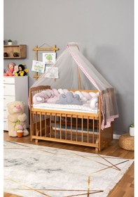 Resim Ahşap Beşik Anne Yanı Beşik Vernikli 60x120 - Pembe Beyaz Örgü Uyku Seti Seti + Yatak Ahşap 