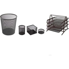 Resim Temat Metal Ofis Seti 5'li Siyah Evrak Rafı 3'lü + Çöp Kovası + Kalemlik + Küpnotluk + Ataşlık 