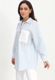 Resim VELİZADE Konfor Modeli Püskül Detaylı Gofre Kumaş Mavi Çizgili Oversize Rahat Kesim Kadın Gömlek Tesettür 